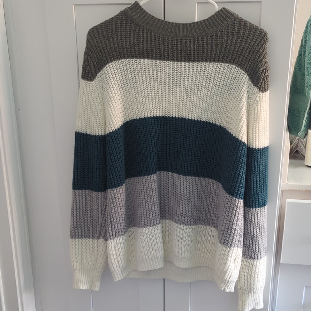 Striped Knit Sweater in Gray, Blue, and Cream